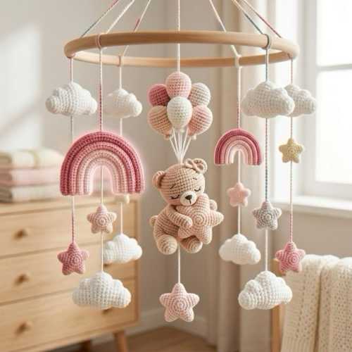 Crochet Teddy Bear Baby Girl Custom Sleeping Mobile, Rainbow Nursery Crib Mobile, Handmade Cloud Star Mobile, Baby Shower Gift Girl Nursery