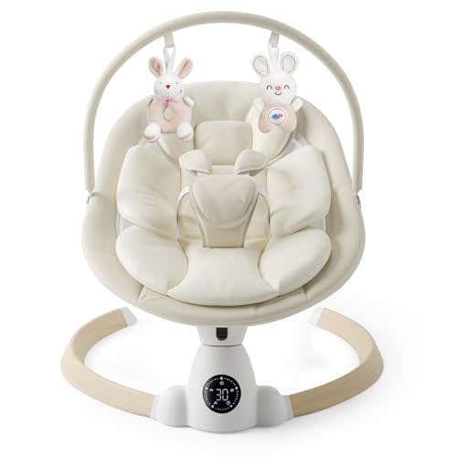 Baby Swing for Infants, Portable Electric Baby Swings with Bluetooth, 5 Swing Speed, 10 Melodies, 5-Point Harness, Remote Control & Touch Panel - Infant Swing for Indoor & Outdoor Use, Beige