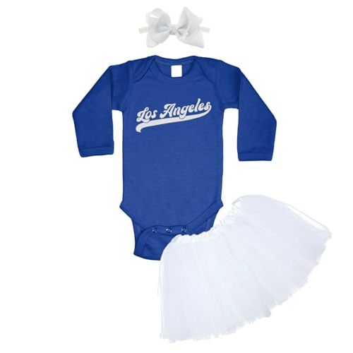 Los Angeles - Baseball Jersey Style Script Baby Bodysuit + Tutu Skirt + Bow Headband Set