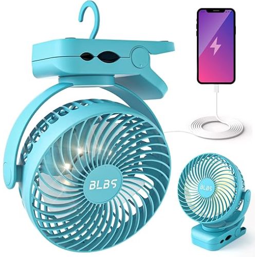 Clip on Fan 65Hrs Camping Fan with LED Light, 12000mAh Battery Operated Fans & PortableFan Rechargeable, Small Desk Fans USB TravelFan for Tent Camping Golf Stroller, Blue
