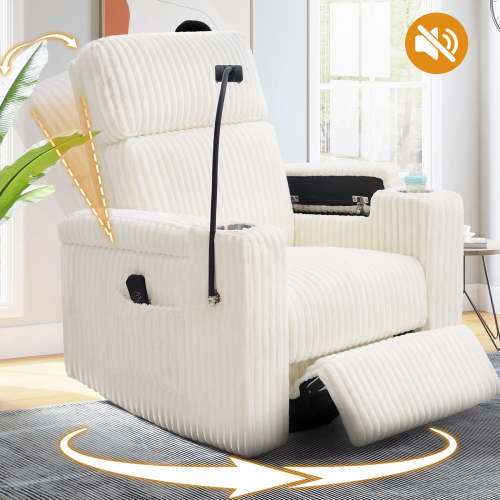 JULY'S SONG Power Recliner Rocking Chair for Nursery, Swivel Rocker Recliner Chair with Phone Holder, USB/Type-C Ports, Nursery Glider Recliners with Arm Storage,White