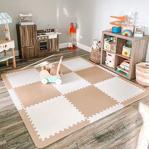 Extra Thick Baby Play Mat Tiles Non-Toxic Foam Floor Puzzle Mat Extra Large Interlocking Activity Playmat for Infants Toddlers Kids Crawling Tummy Time 74x74 Inches (Beige/White)