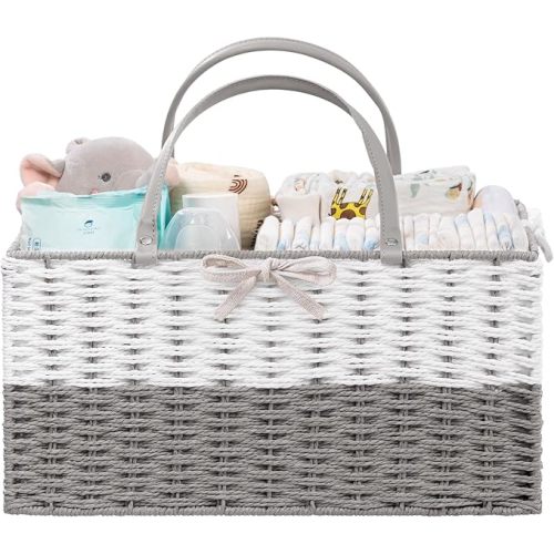 HBlife Large Baby Diaper Caddy Organizer, Paper Rope Storage Baskets Nursery Bin with Removable Divider, Portable Car Organizer for Diapers, Baby Shower Gifts, Newborn Essentials Must Haves