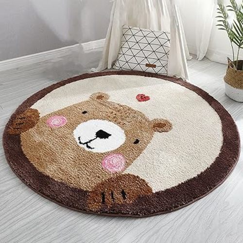 Round Rug Cute Cartoon Animal Plush Area Rug Fluffy Faux Wool Playroom Rug Non-Slip Kids Rug Washable Game Rugs Floor Mat for Kids Bedroom Nursery Living Room Playroom (Brown Bear, 63 inch)