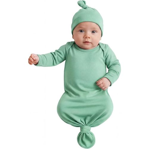 Newborn Knotted Baby Gown 0-6 Months, Super Soft Breathable Nightgowns for Babies Girl and Boy, Baby Girls Coming Home Hospital Outfit with Hat Set Mint Green