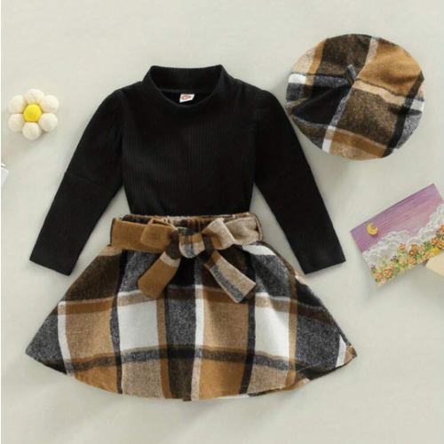 Toddler Baby Girl 3PCS Fall Winter Skirt Outfits Long Sleeve Shirt Tops Plaid Skirts Hat Set | SHEIN USA