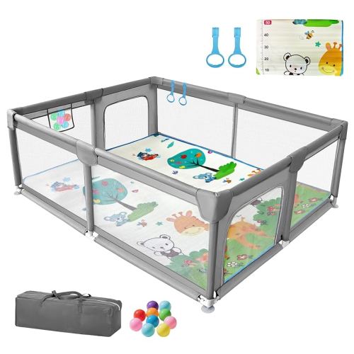 75in*59in Baby Playpen with Mat,Extra Large Toddler Playpen, Gray with Storage Bag, Safe Baby Play Area with Mat, Sturdy and Safe Kid Play Area for Indoor and Outdoor Play