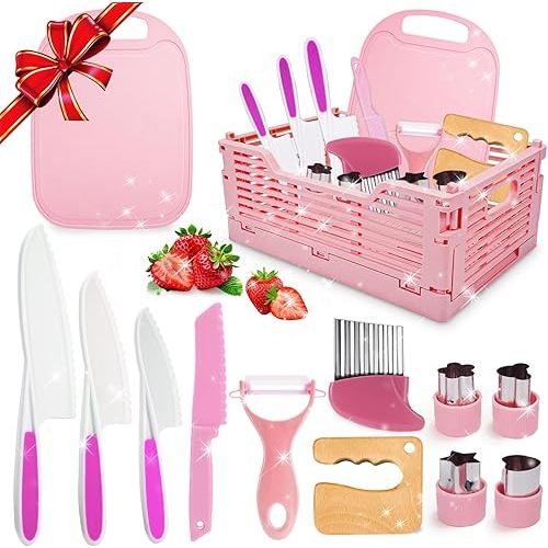 Kids Kitchen Knife Set for Real Cooking & Basket,Montessori Toys for 3 4 5 6 7 8 9 10 Year Old Girls Birthday Gifts, Toddler Knife Set, Toddler Kitchen Tools