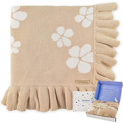 Cotton Knit Baby Blanket with Ruffle Edge – Soft Baby Girl Blanket, Receiving Blanket for Newborns, Stroller Blanket, Crib Blanket, Perfect