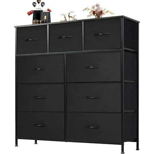 Sweetcrispy Dresser for Bedroom with 9 Storage Drawers, Tall Large Fabric Storage Tower Organizer, Chest of Drawers with Metal Frame Wooden Top for Closet, Living Room, Entryway, Black