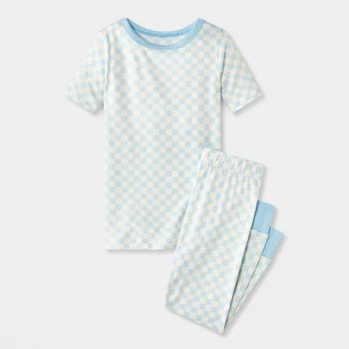 Toddler 2pc Short Sleeve Smooth Jersey Checkered Snug Fit Pajama Set - Cat & Jack™ Blue/Cream 5T