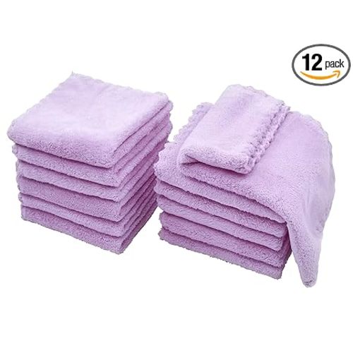 Kyapoo Baby Washcloths 12 Pack 12x12 Inches Microfiber Coral Fleece Extra Absorbent and Soft for Newborns, Infants and Toddlers-Purple