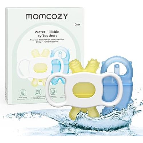 Momcozy Baby Teether Toys, Water Fillable Silicone Cold Teether, Baby Teething Toys Chill Teether, Baby Toys for Teething Relief 0-12 Months, Blue and Yellow 2 Pcs