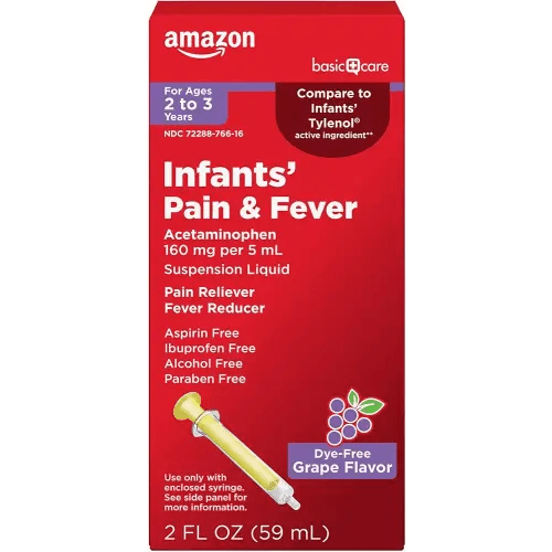 Amazon Basic Care Infants' Pain & Fever, Acetaminophen 160 mg per 5 mL, Suspension Liquid, Dye-Free Grape Flavor, 2 fl oz (Pack of 1)