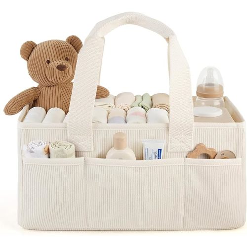 Corduroy Baby Diaper Caddy Organizer with Lid, Gift Basket for Baby Shower