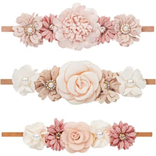Baby Girls Floral Headbands Set-Flower Crown Elastic Hairband for Newborn Toddler Hair Accessories (Pack of 3)