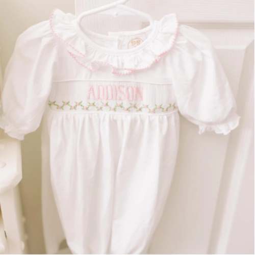 Girls Pink & White Name Smocked Infant Knit Gown – Little Bear Smocks