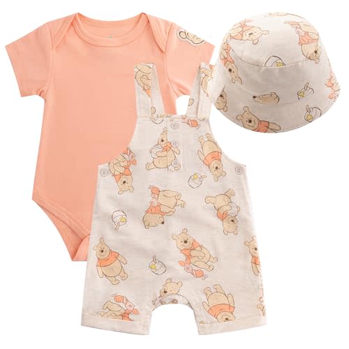 Disney Winnie the Pooh Baby Boys Shortall French Terry Overalls Bodysuit and Bucket Hat 3-Piece Set For Newborn Infant