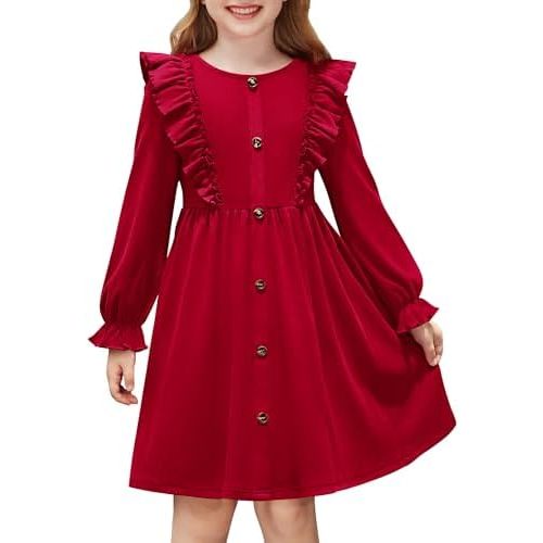 Arshiner Toddler Fall Winter Sweater Dress Ruffle Long Sleeve Ribbed Knit Button Down Casual Dresses with Pockets