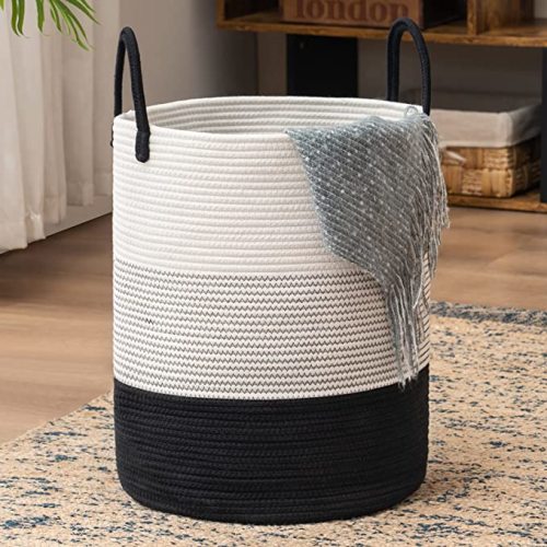 Woven Rope Laundry Hamper Basket by YOUDENOVA, 58L Tall Laundry Basket, Baby Nursery Hamper for Blanket Storage, Clothes Hamper for Laundry in Bedroom-Large-Pure White