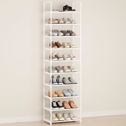 10-Tier Large Capacity Shoe Rack, Sturdy Narrow Shoe Stand for Entryway, Closet, Hallway, 20-25 Pairs Waterproof Dustproof Shoe Storage, Space Saving Tall Shoe Tower(White)