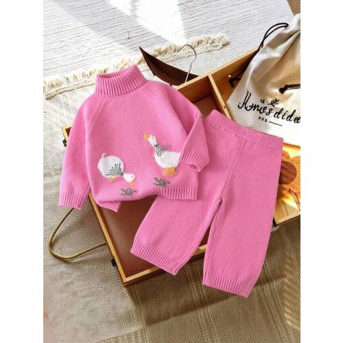 Infant/Toddler Girls' Sweater Set, Pink Cute Duck Jacquard Knit Turtleneck Raglan Sleeve Sweater And Wide Leg Pants Set, Soft And Comfortable, Suitable For Daily, Outdoor, Travel, Vacation, Home, Daycare, And Children's Play Baby Set Autumn Winter Season 