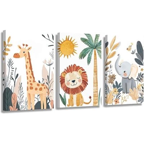 ZSHARTSWD Jungle Animals Nursery Wall Art 3 Pieces Cute Giraffe Lion Picture Woodland Animal Canvas Print Baby Safari Paintings Kids Room Home Decor Framed (White, 11.00" x 14.00" x 3PCS)