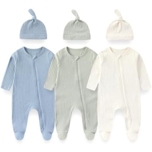 Unisex Newborn Baby Long Sleeve Romper 3-Pack with Matching Hats Solid Color Outfits