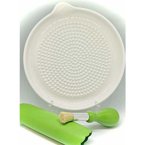 BonCera, Premium Ceramic Garlic Grater Plate Set - Large White Modern | Complete 3-Piece Set includes 6" Plate, Peeler, and Brush - For Garlic, Ginger, Fruits, Strawberries, and more!
