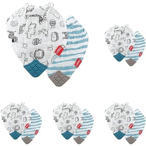 Nuby 100% Natural Cotton Muslin Bib, Zoo (Pack of 5)