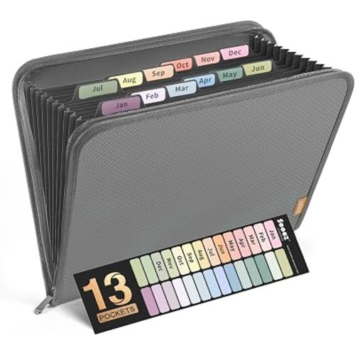 Sooez 13 Pocket Accordion File Organizer, Zipper Expanding File Folder A4