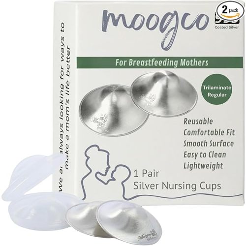 MOOGCO Silver Nursing Cups — 999k Silver Nipple Shields for Breastfeeding — Most Durable, Chemical-Free Nipple Protection (Regular, Set of 2)