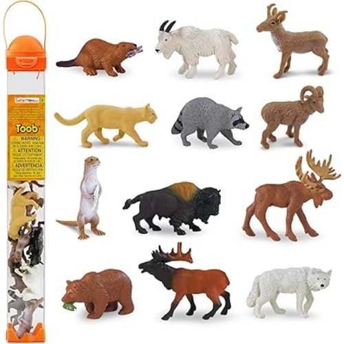 Safari Ltd. North American Wildlife TOOB - 12 Hand-Painted Mini Figurines Including Grizzly Bear, Bison, Moose, & More - Educational Toy Figures For Boys, Girls & Kids Ages 3+