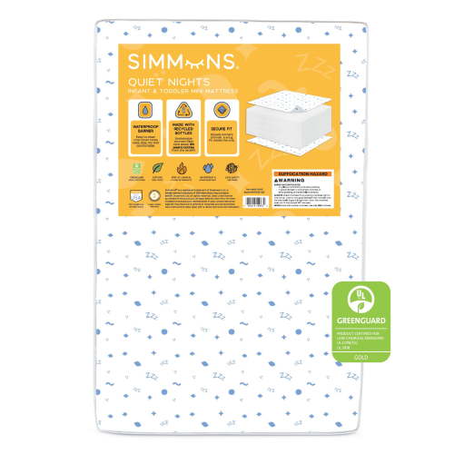 Simmons Kids Quiet Nights 4-inch Mini Crib Mattress - GREENGUARD Gold – Waterproof - Sustainably Sourced Core Fiber Core, White/Blue