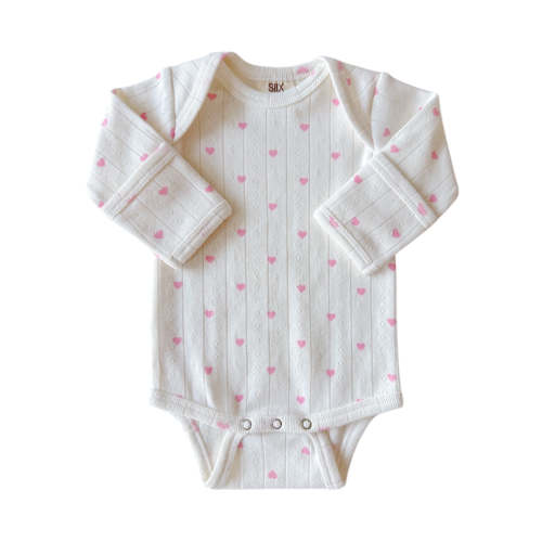 White with Pink Heart / Organic Pointelle Long Sleeve Bodysuit