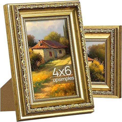 upsimples 4x6 Picture Frame with Real Glass, Ornate Vintage 4 x 6 Photo Frames for Wall Decor or Tabletop Display, Gold, 2 Pack