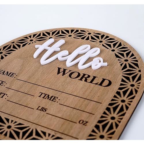 Bleed Proof Engineered Wood, 5.5 Inch Wooden Birth Announcement Sign with Easel Stand, 3D Arcylic Hello Sign, Newborn Announcement Plaque for Girl Boy Photo Prop Baby Shower Nursery Hospital - Rustic