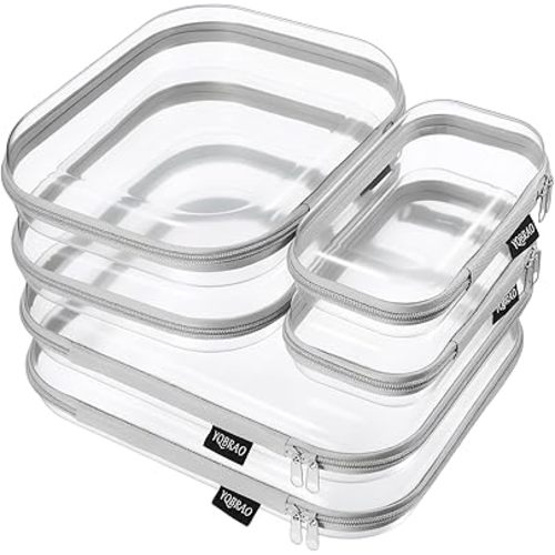 YQBRAO 6 Pack Sleek Gray Clear Hard Shell Zipper Case, 1.2mm Heavy Duty Tech & Cord Organizer Pouches, Crush-Proof Electronic Storage for Travel, Tools & Diaper Bag (2L+2M+2S)