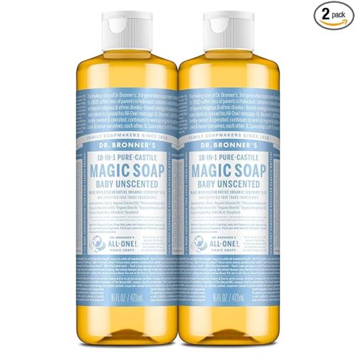 Dr. Bronner's Pure-Castile Magic Liquid Soap (Baby Unscented, 16 Ounce, 2-Pack)- Made with Regenerative Organic Certified Oils, For Face, Hair, Hand & Body Soap, Laundry, Pets- Concentrated, Vegan