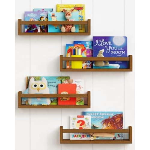 Walnut Brown Nursery Bookshelf Wall Mounted, Wooden Floating Book Shelves for Wall, Nursery Hanging Bookshelves for Baby Toddlers Kids Room Bedroom (Pine Wood, Walnut Color, 4-Pack)