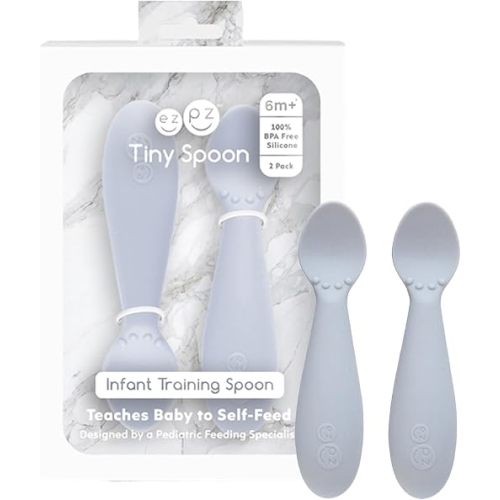ezpz Tiny Spoon (2 Pack in Pewter) - 6 Months+ - Baby Led Weaning Essentials