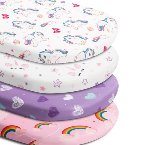 4 Pack Soft Baby Girl Bassinet Sheets for Bassinet Mattress Unicron Rainbow Heart Cute Neutral Polyester Unisex Fitted Bassinet Sheets Set for Baby Girls