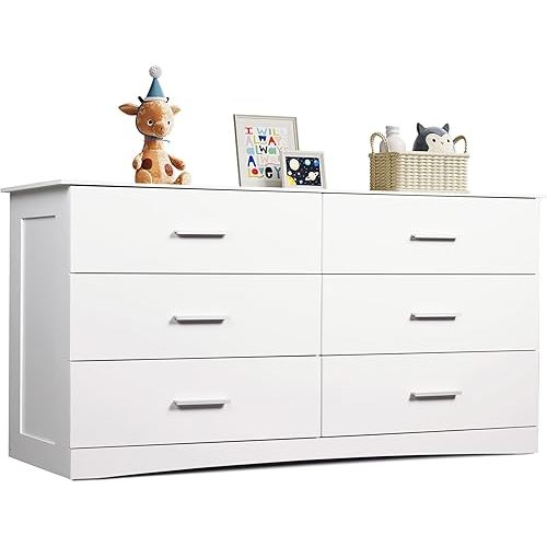 WLIVE White Dresser with 6 Drawers, Wide Wooden Chest of Drawers for Bedroom, Large White Storage Tower Unit, Modern Minimalist Closet Store Organizer for Living Room, Hallway