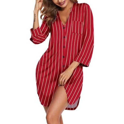 Ekouaer Women's Nightgown V Neck Striped Button Down Sleepwear 3/4 Sleeves Nightshirts Soft Button Sleep Dress S-XXL