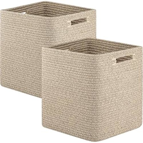 OIAHOMY Storage Cubes, 11 Inch Cube Organizer, Collapsible Storage Bins, Baskets for Organizing, Bins for Shelves-Brown, 2-PACK