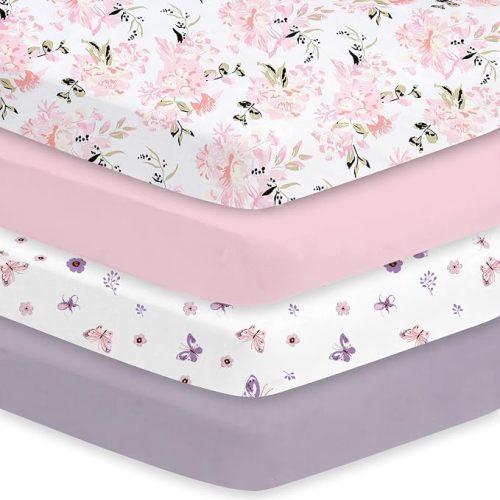 Little Grape Land Crib Sheets Girl 4 Pack, Baby Crib Sheets for Standard Crib & Toddler Mattress, Super Soft Breathable Crib Sheet Set for Girls (Floral & Butterfly)