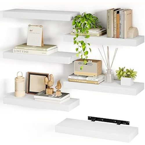 Fixwal 15.8in White Floating Shelves, Set of 6 Wood Shelves, Farmhouse Shelf Wall Decor for Bathroom, Bedroom, Living and Kitchen Room