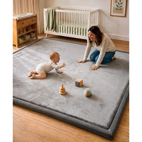 AEOCOO 60x80 Thick Baby Play Mat for Floor, 1.3" Memory Foam Infant Tummy Time Mat, Extra Large Soft Nursery Rug for Babies & Toddlers, Anti-Slip Cushioned Crawling Rug for Living Room, Grey