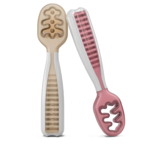 NumNum Baby Spoons Set, Baby Essentials Pre-Spoon GOOtensils for 6+ Months, First Stage Self-Feeding Spoons for Baby Led Weaning (BLW), Silicone Toddler Utensils, BPA-Free, 2 Pack Frosty Lilac/Rosebud