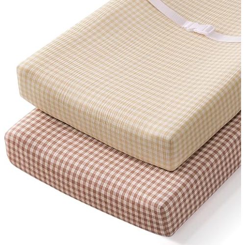 Blissful Diary Muslin Changing Pad Cover for Baby Girls Boys, Ultra Soft Breathable Cotton, Baby Diaper Change Table Pad Covers, 2Pack (Checkered Beige & Checkered Brown)